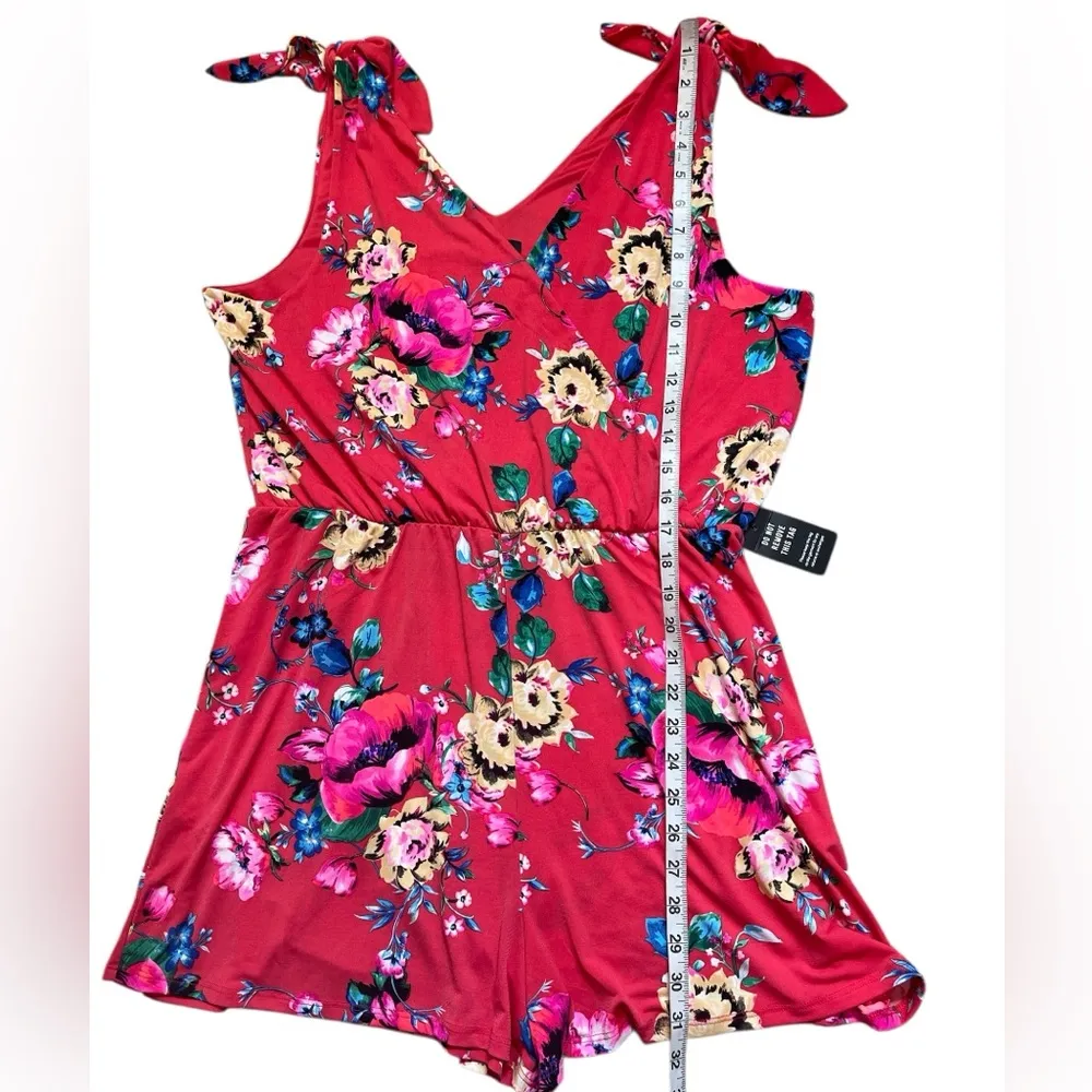 Express Red and Pink Floral stretch Romper with Tie Straps - Image 3