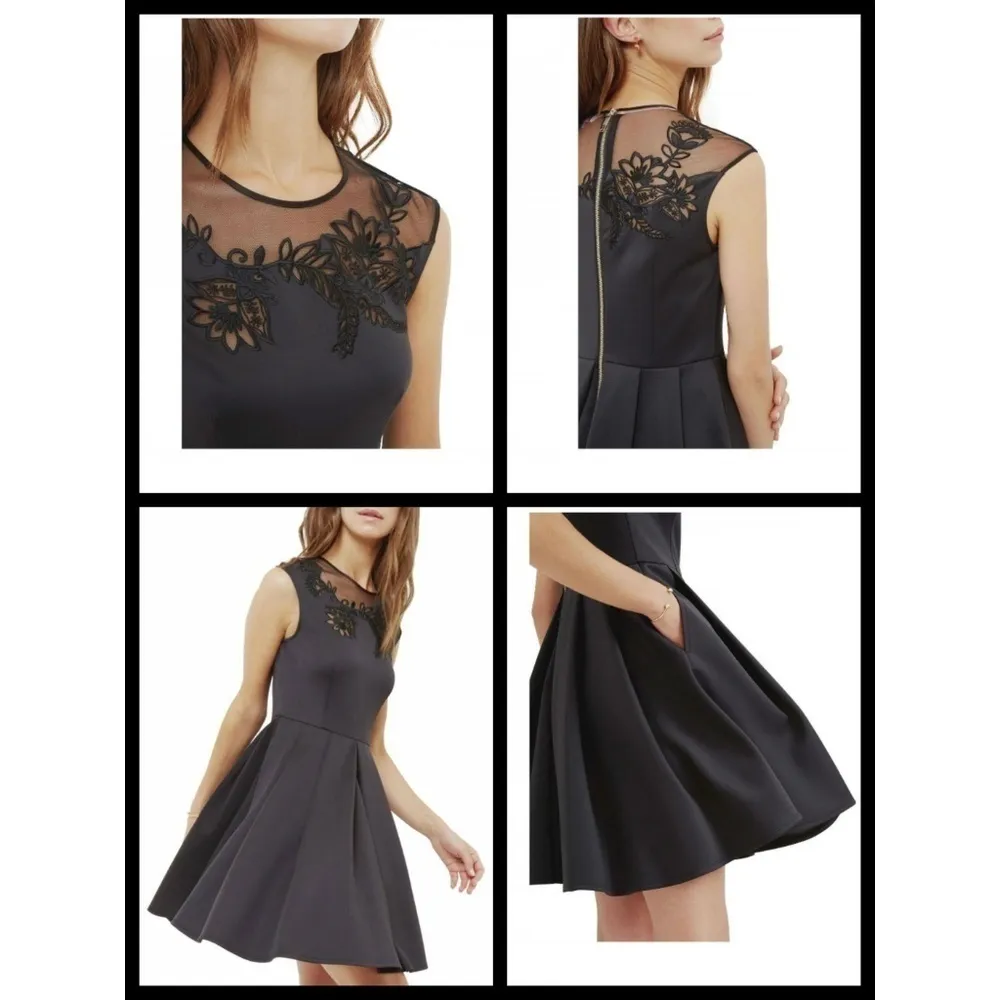 💕TED BAKER💕 Black Embroidered Mesh Skater Dress - Image 4