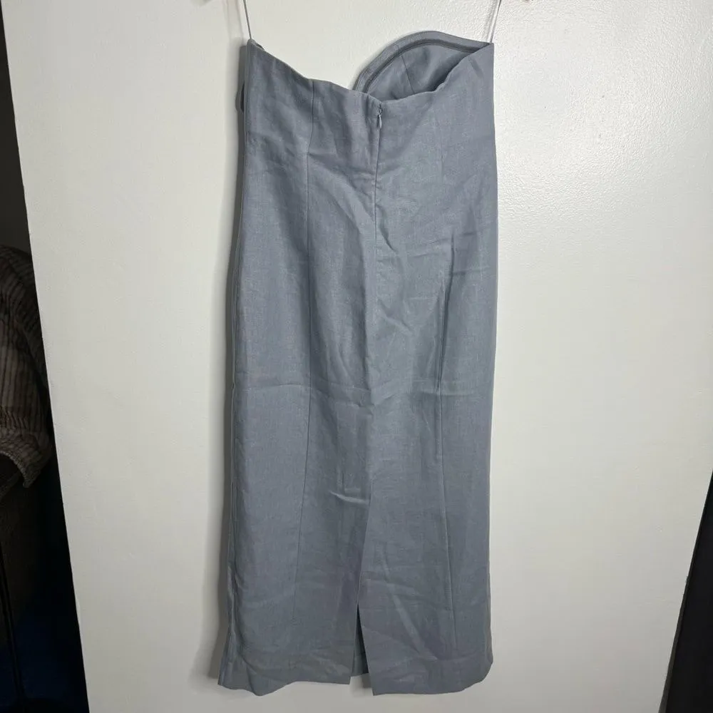 Massimo Dutti Studio Linen Midi Dress Sweetheart Neckline Strapless Blue Large - Image 5