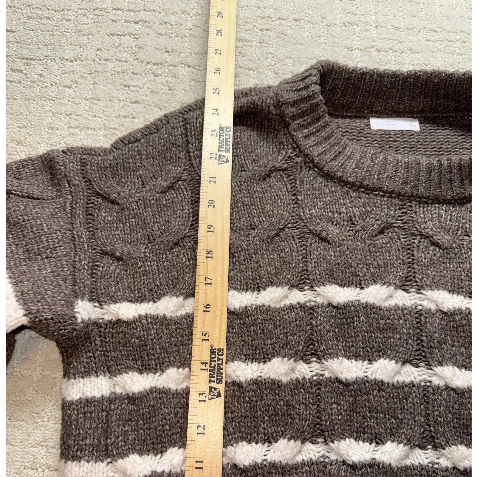 Lauren Conrad Cable Knit Striped Sweater XL Brown White Crew Neck Long Sleeve - Image 5