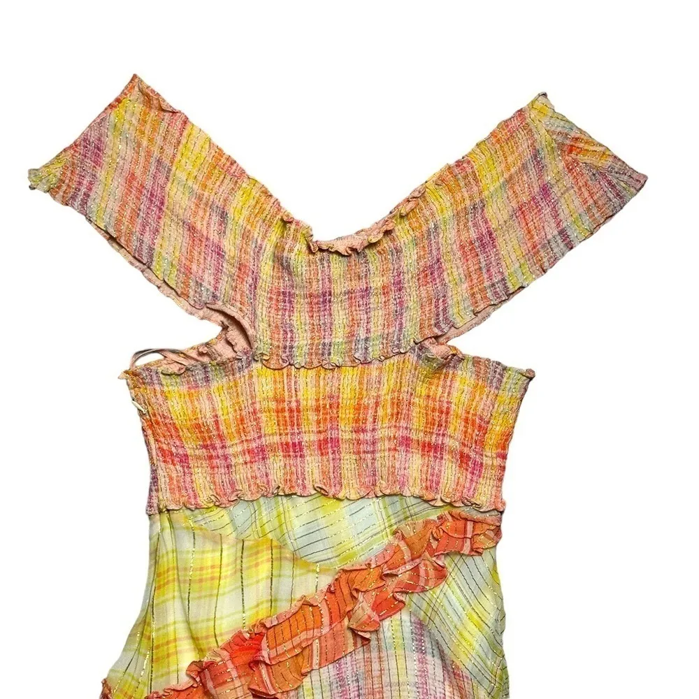 Hemant & Nandita Multi Colored Madrasi Asymmetrical Midi Dress US S Yellow - Image 11