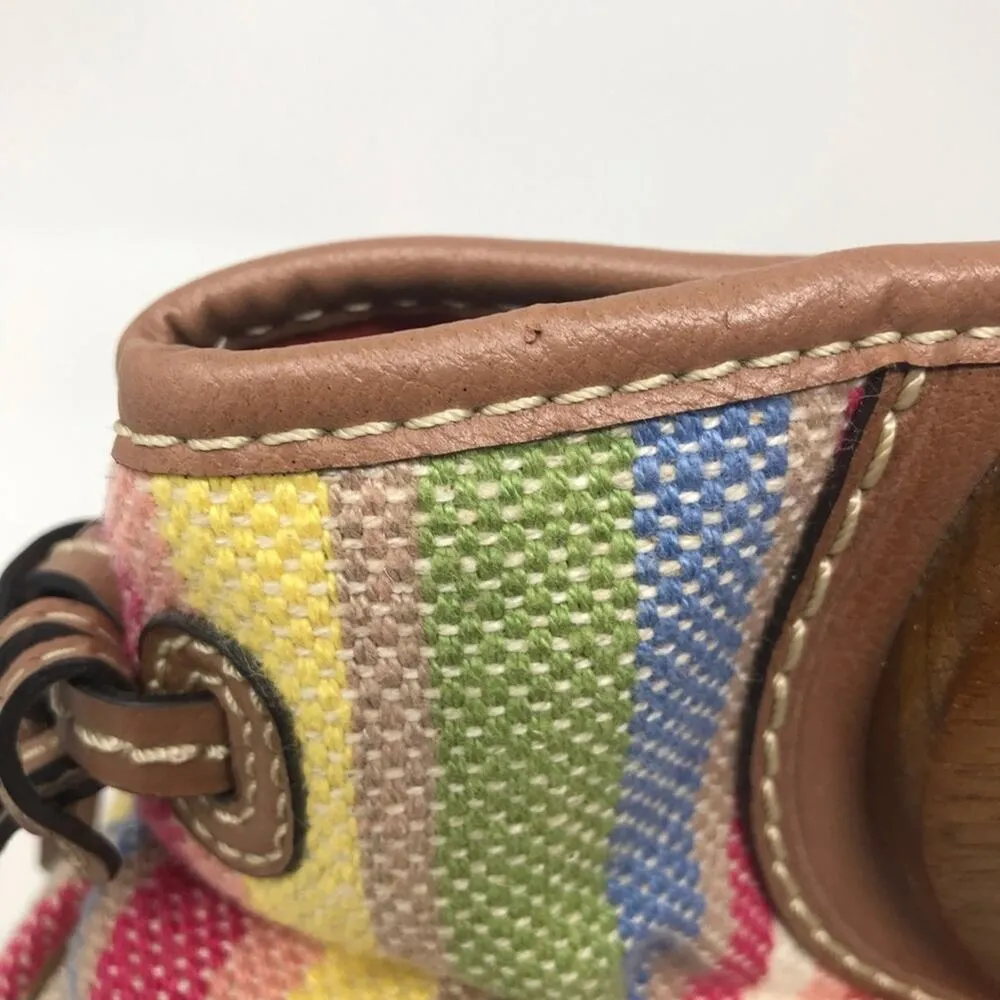 Fossil Spring Striped Fabric Cloth Satchel Crossbody Purse Bag Wooden Handles - Image 2