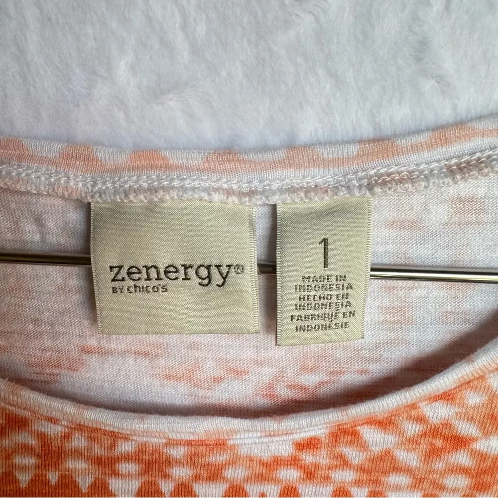 Chico’s Zenergy Pale Pastel Orange Geo Print Round Neck Tee Summer Cotton Blend - Image 4