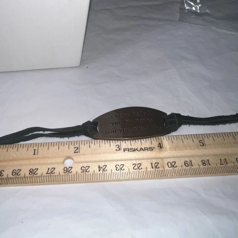 Bronze and Leather “I have Called‎ You by Name and You are Mine” Bracelet Black - Image 3
