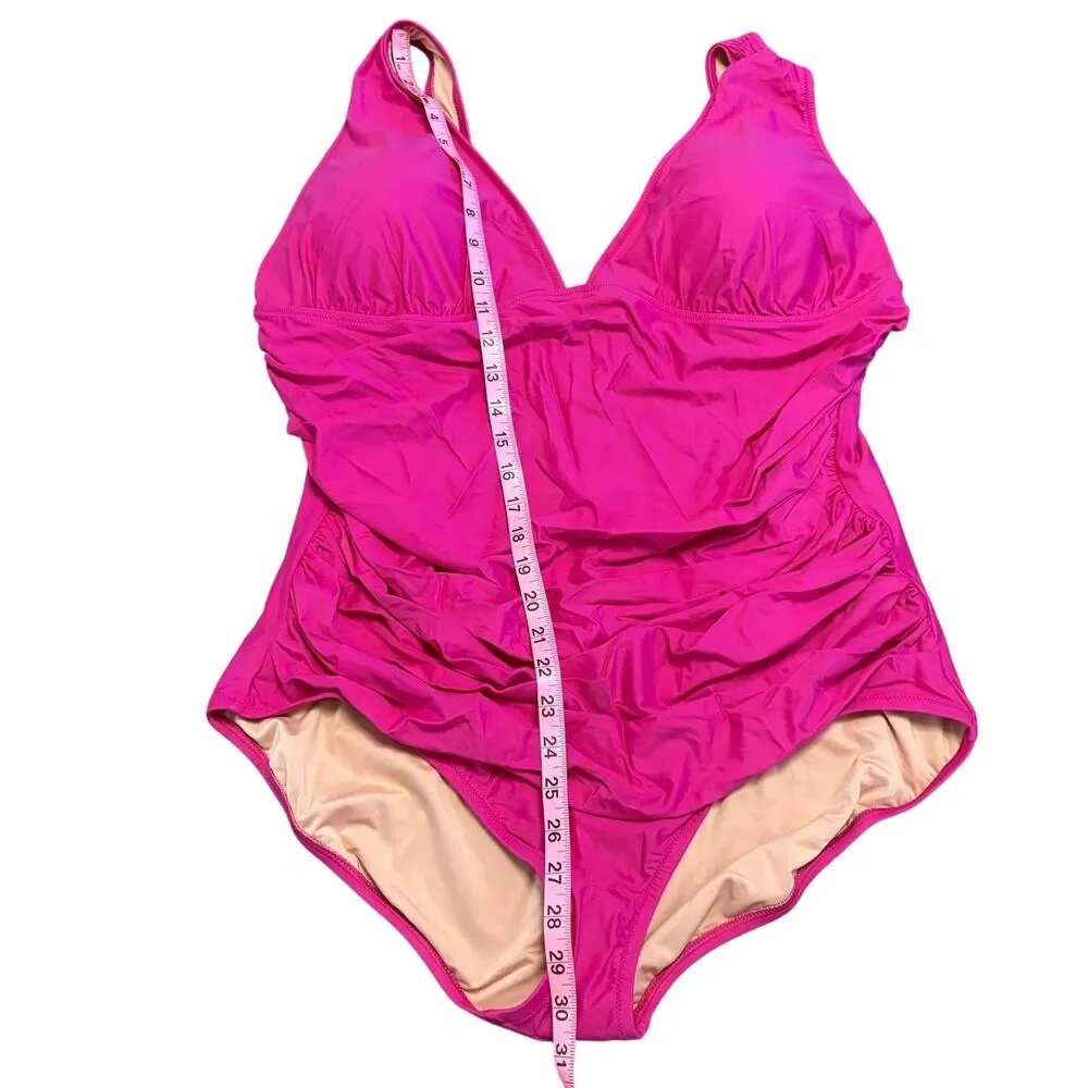 J Crew Fuchsia Pink Ruched V Neck Plunge One Piece Swimsuit SZ 22 Beach Vacation - Image 5