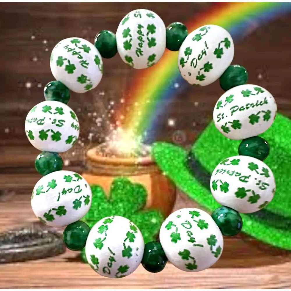 Happy St Patricks Day Shamrock Wood Beaded Stretch Bracelet Marbled Acce… Green - Image 5