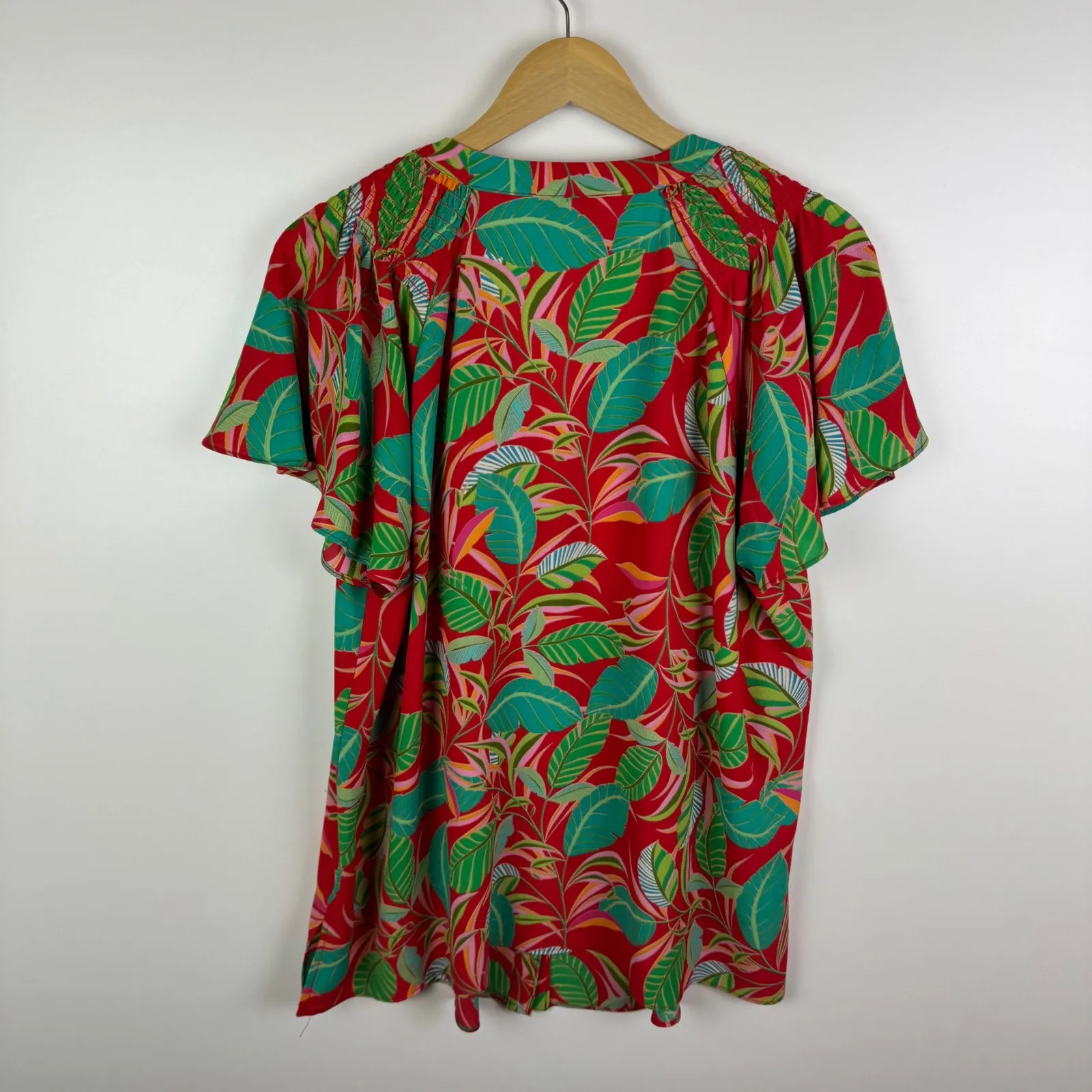 Rose + Olive Tropical Blouse‎ Size 1X Multicolor Leaf Print V - Image 5