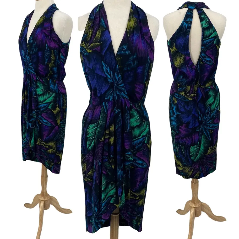 Vintage Dawn Joy Dress Surplice Pleating Tropical Print Indigo Cover Up Womens 8 - Image 3