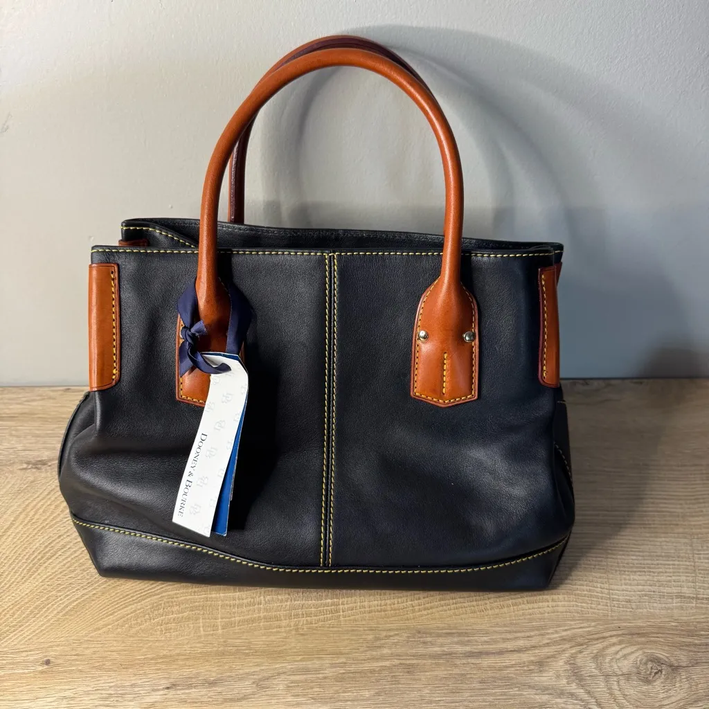 Dooney Bourke Black Tan Yellow Stitch Tote Bag Duck Logo Satchel Tortoiseshell‎ - Image 3