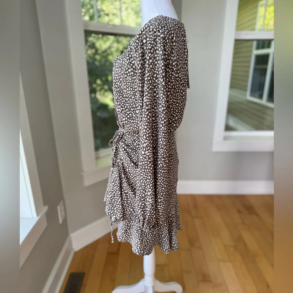 SHE + SKY Brown White Polka Dot Asymmetrical Faux Wrap Mini Dress Sz Small NWT - Image 11
