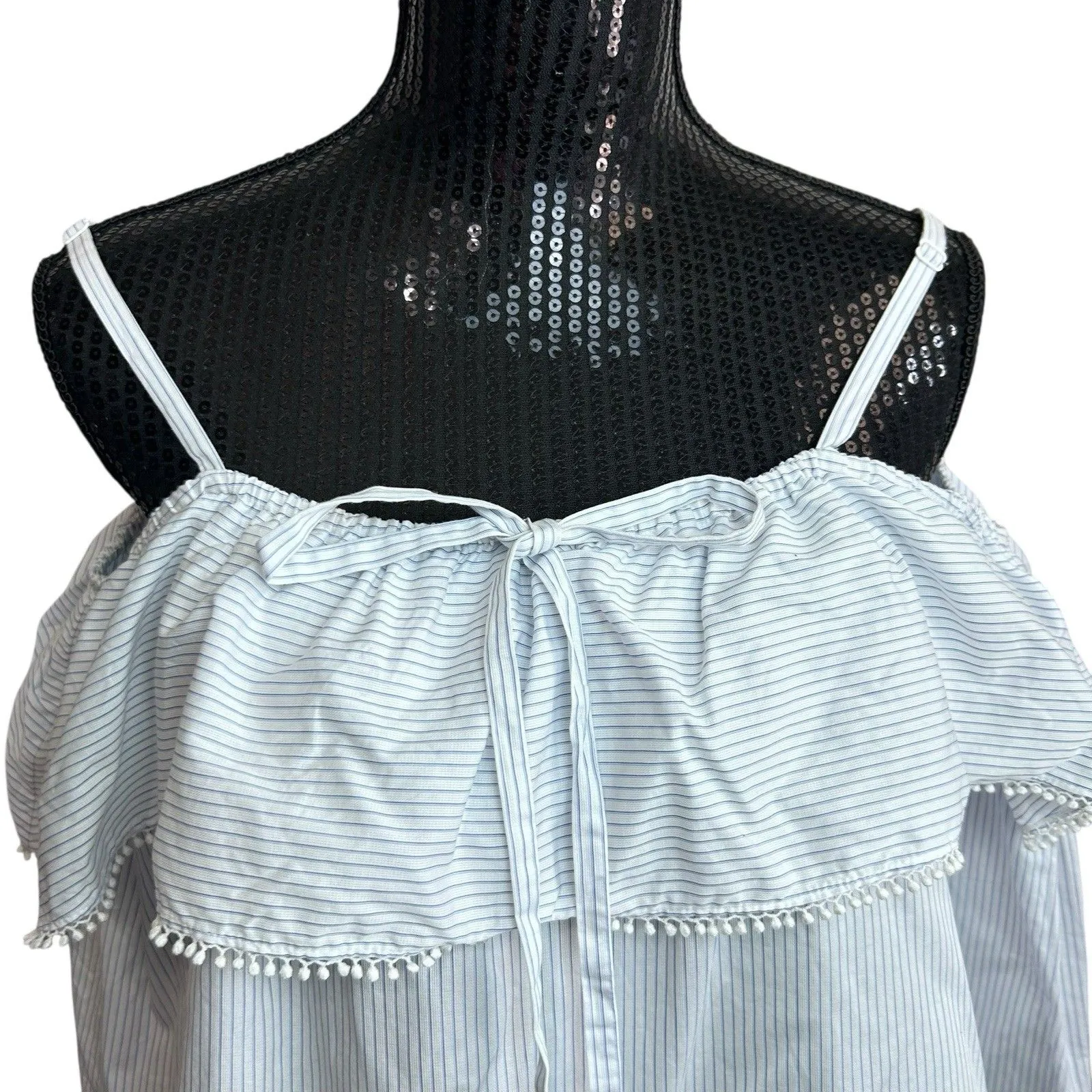 Jonathan Simkhai Top Sz XS Striped Ruffle Off The Shoulder 3/4 Sleeve Blue White - Image 3