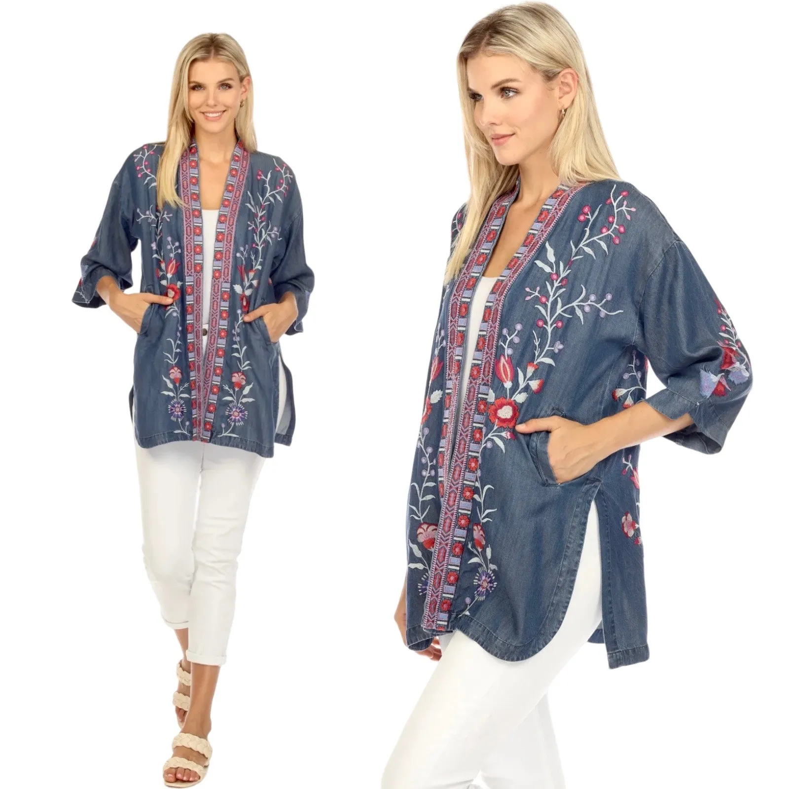 Johnny Was Piper Shirt Tail Kimono Jacket Embroidery Denim Size XL - Image 2