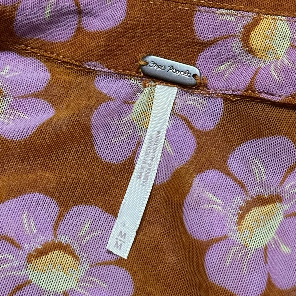 Free People Lucky Shirtee Floral Button Up Shirt in Coffee Sheer Mesh 70s Medium - Image 9