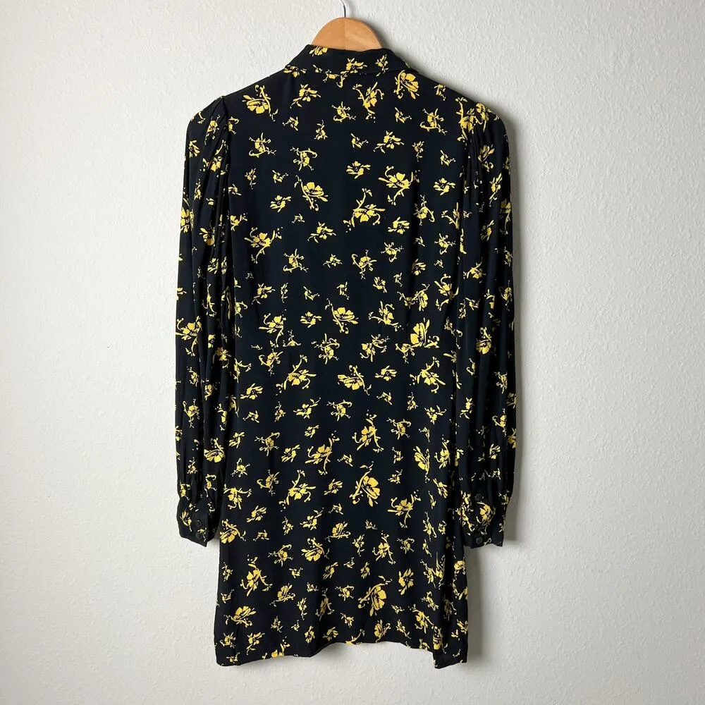 ganni black yellow floral print crepe collared button shirt dress - Image 10