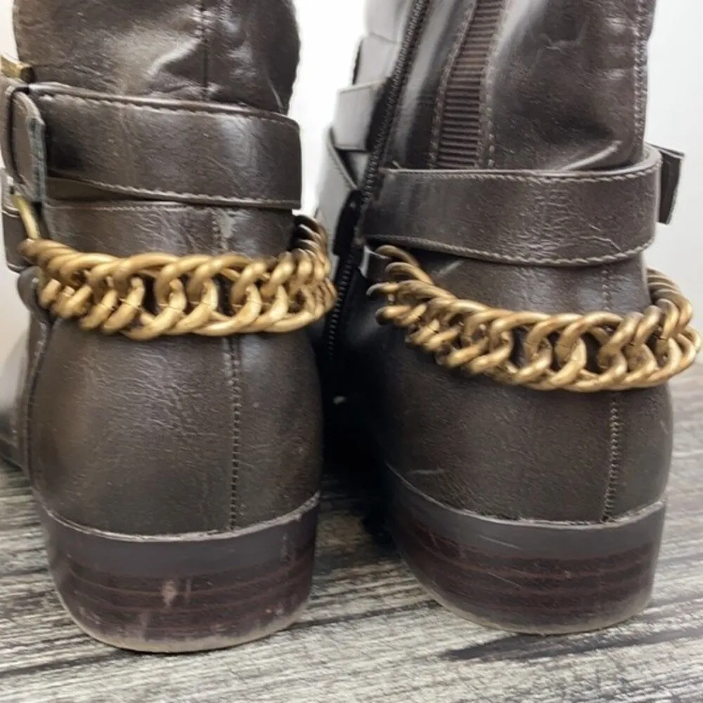 Unisa Brown Zip Up Knee Length Gold Chain Block Heel Faux Leather Boots 7.5 - Image 4