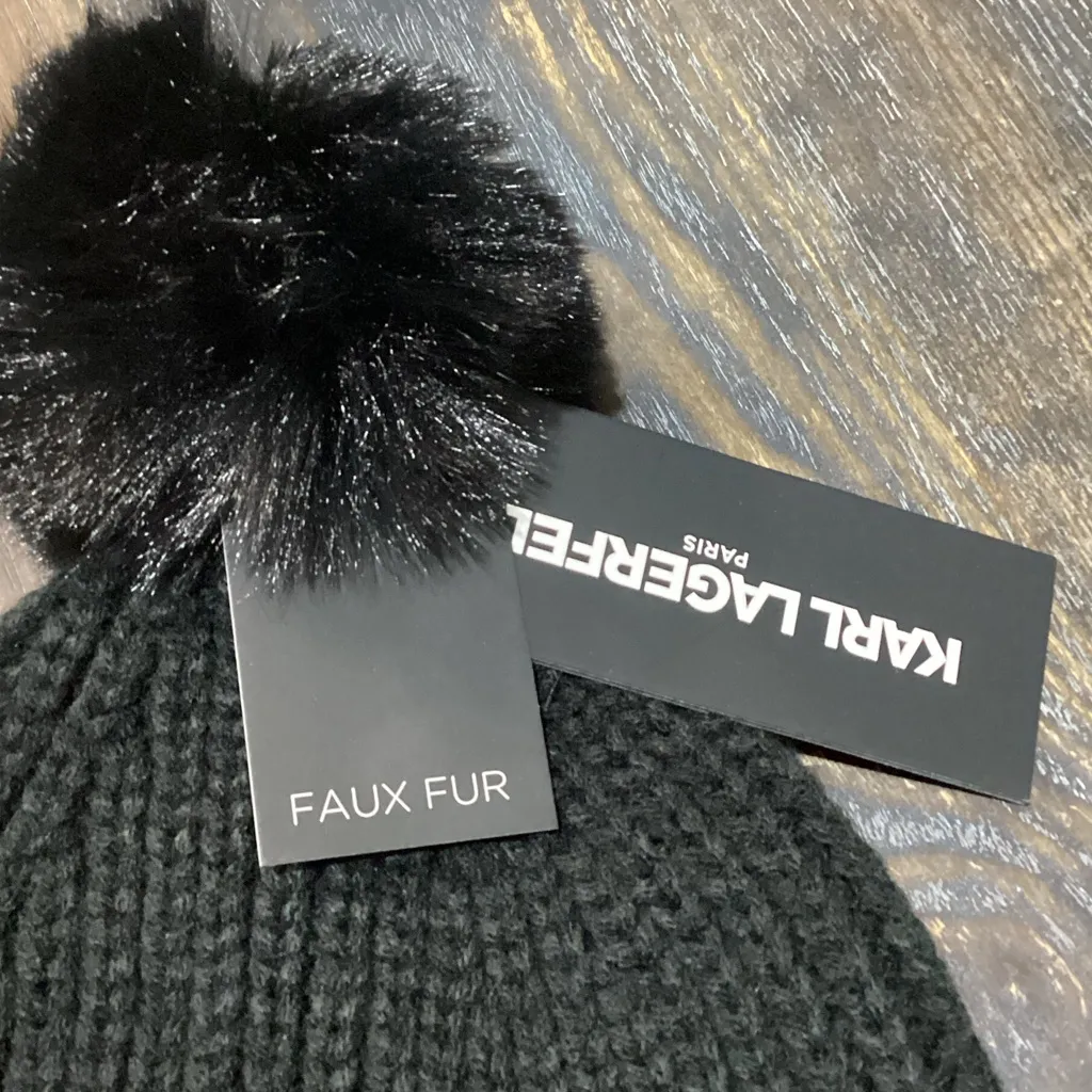 Karl Lagerfeld Black Knit Beanie with Choupette and Faux Fur Pom - Image 3