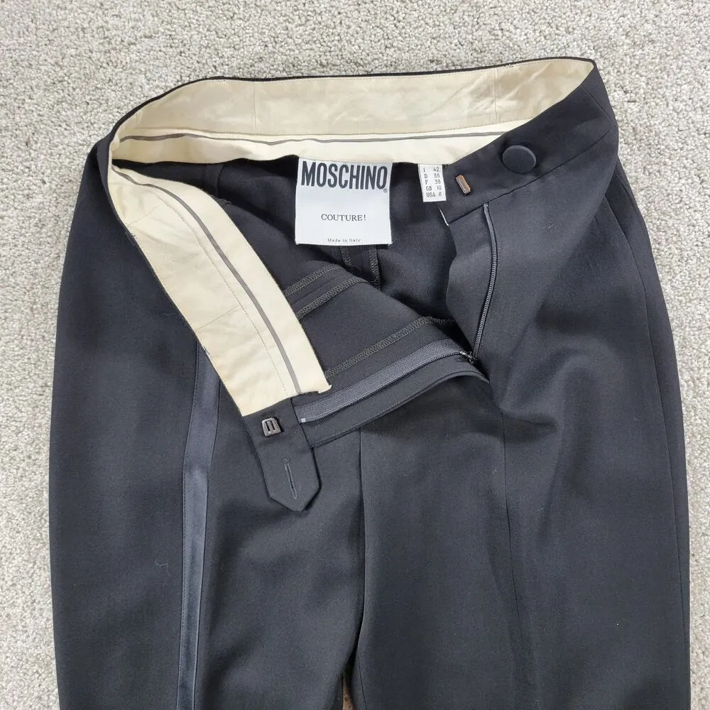 Moschino Couture Womens Tuxedo Pants 8 Black Wool Satin Trim Button Formal Dress - Image 10