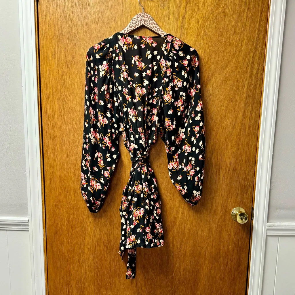 A.L.C. Carlo Silk Long Balloon Sleeve Wrap Mini Dress Dark Floral 6 - Image 13