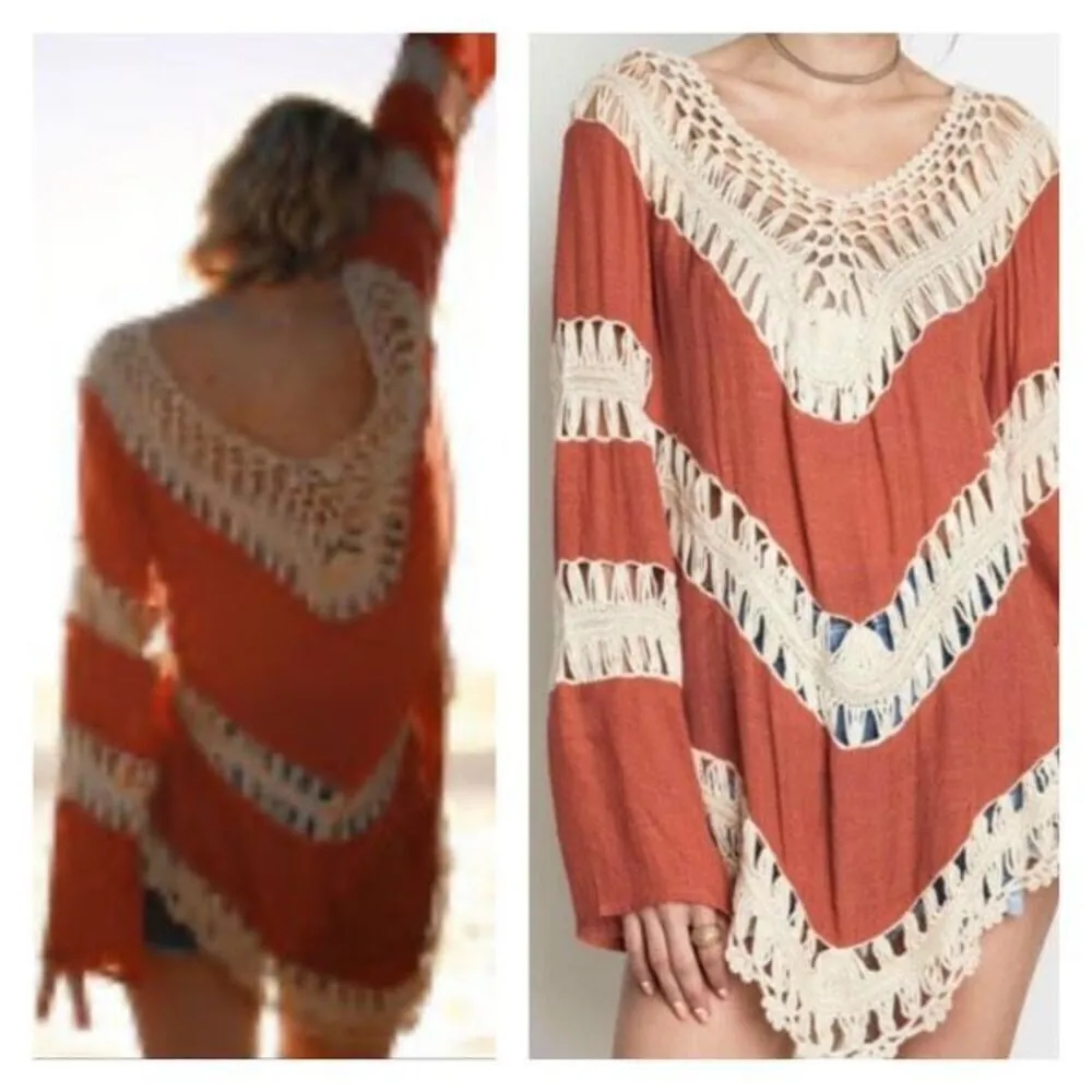 Umgee USA Boho‎ Crochet Top Women's Size Small Rust Red Orange Tunic Beachy - Image 2