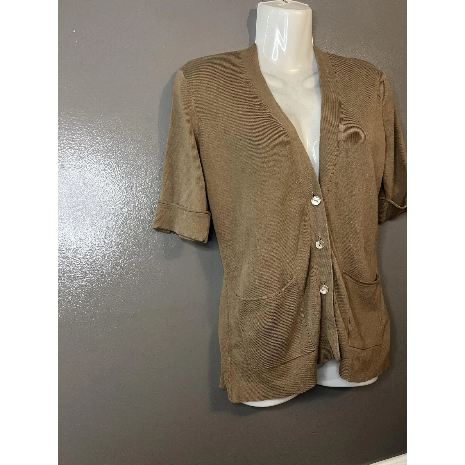 Coldwater Creek Cardigan Womens XS Brown Silk Blend Short Sleeve Button Front - Image 2