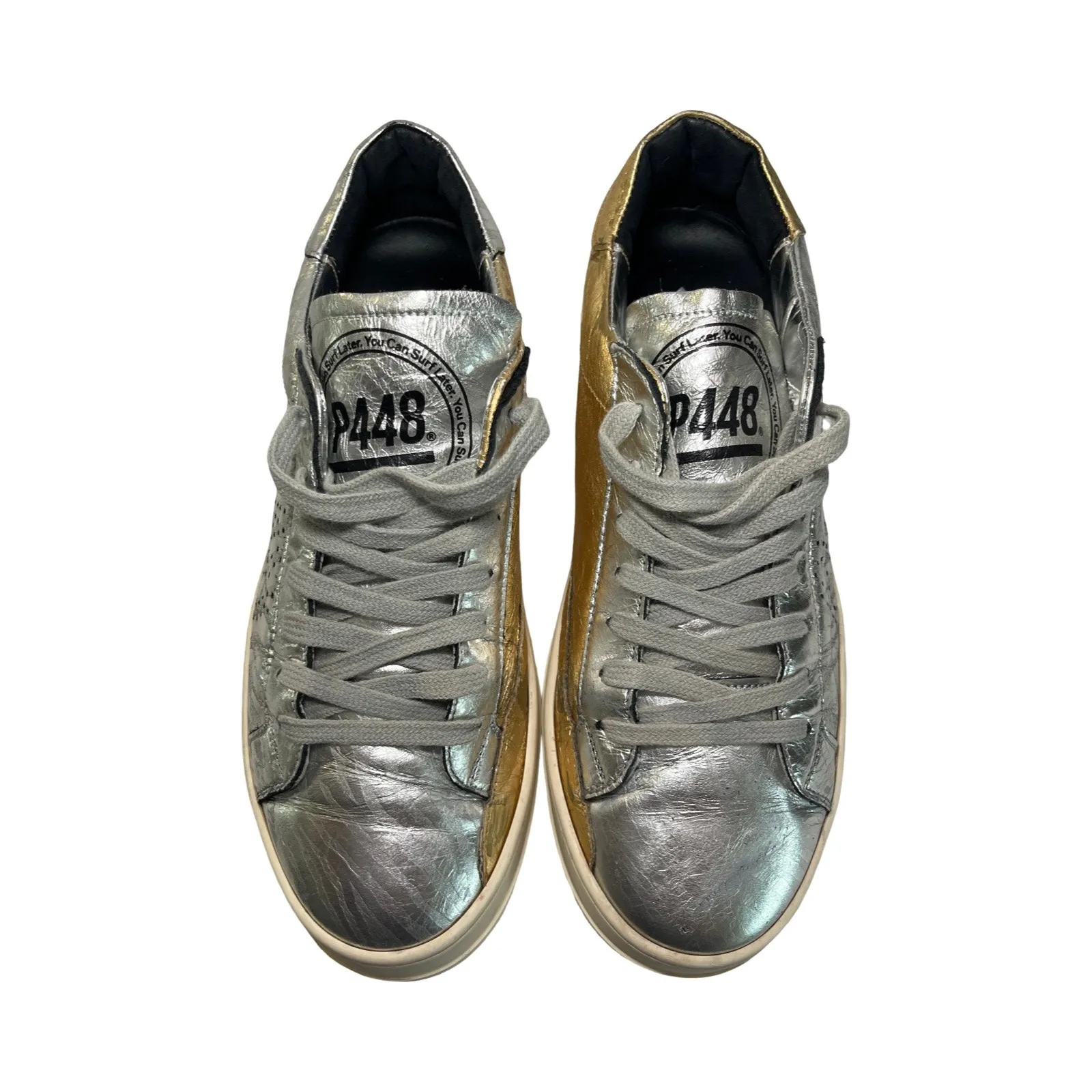 P448 Metallic Silver & Gold Low Top Sneakers Size 41 Leather Casual Shoes - Image 5