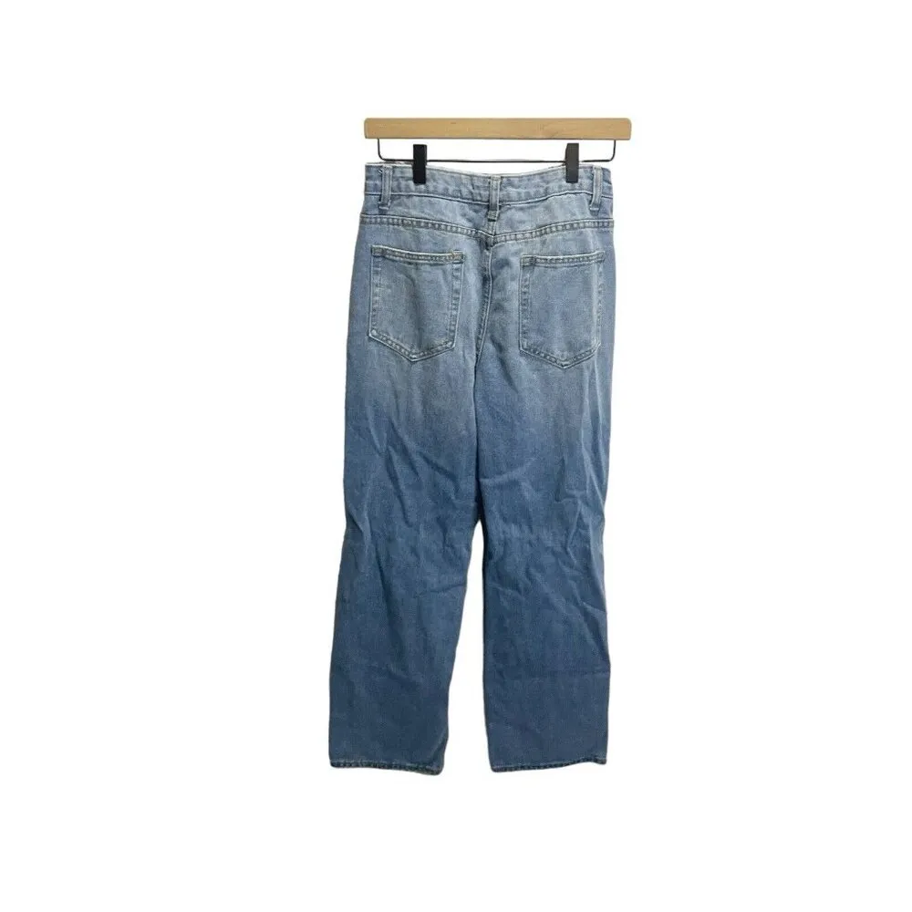 Wide Leg Jeans Women's SZ S Blue High Rise Hem Faded Distressed - Image 4