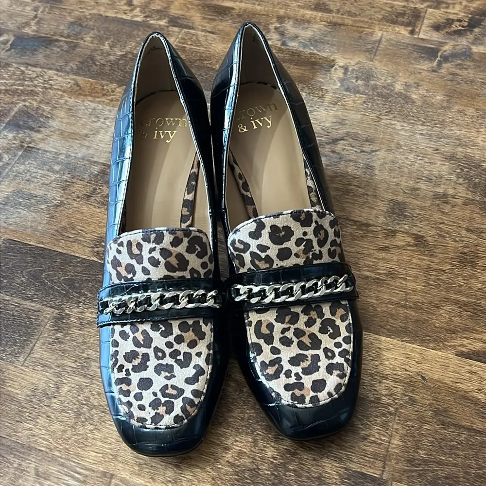 CROWN & IVY Scarlett Black Croc Embossed & Leopard Print Pumps Size 8.5 - Image 2