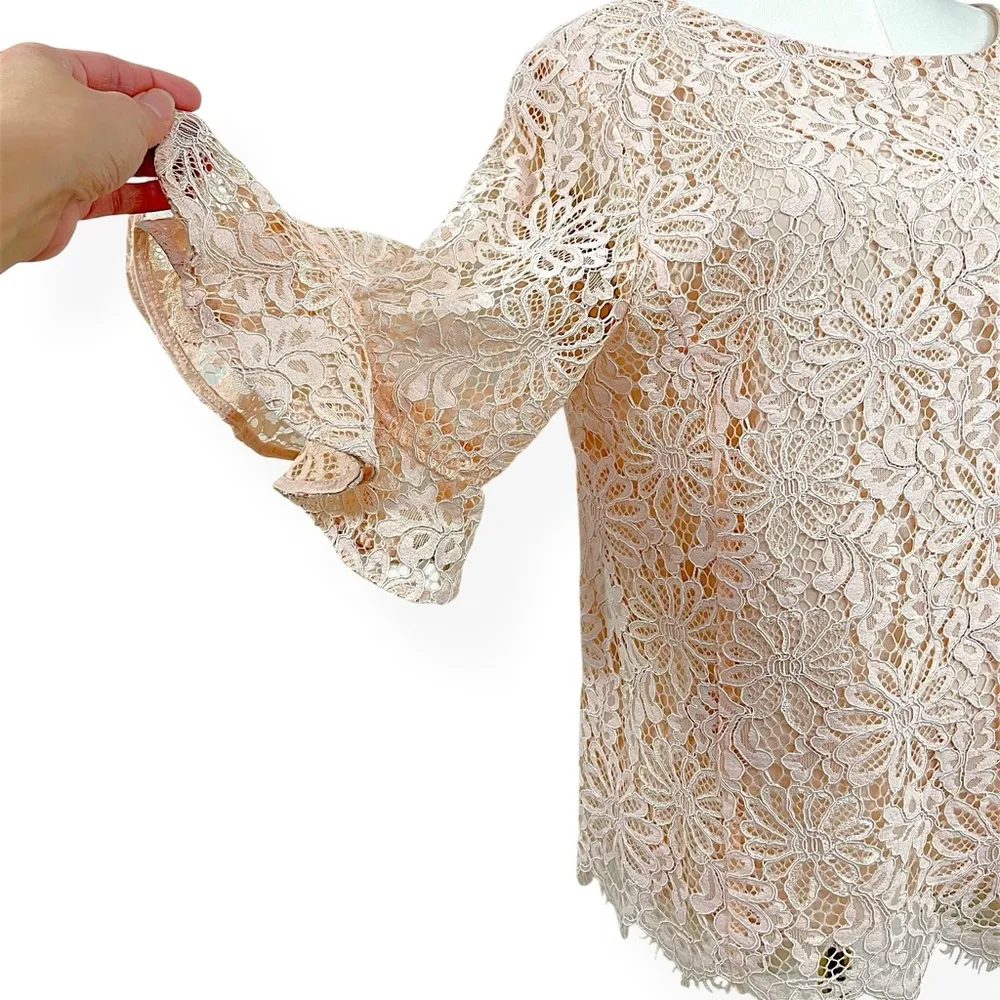 Nanette Lepore Floral Lace Crew Neck Bell Sleeve Top Shirt Large Light Pink - Image 3