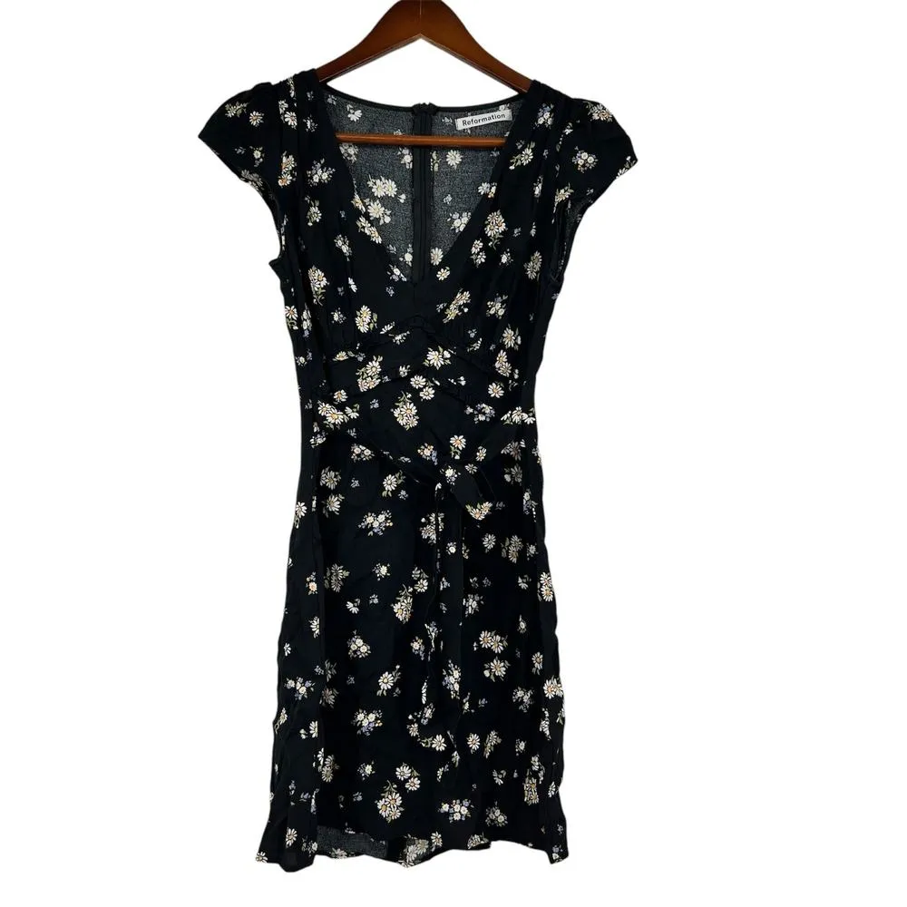 Reformation Janine mini dress daisy print black floral cap sleeved bow size 2 - Image 3