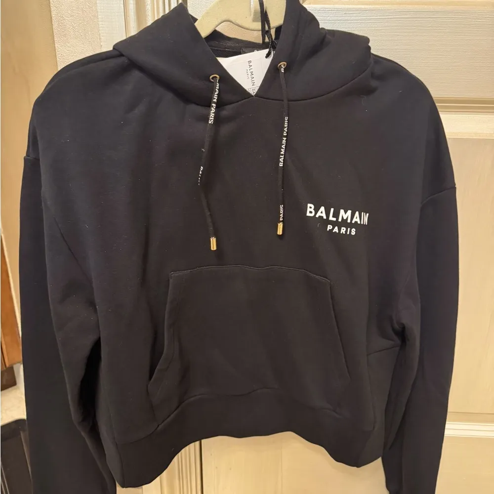 Authentic New With Tags Balmain Flocked Logo Cropped Hoodie - Image 3