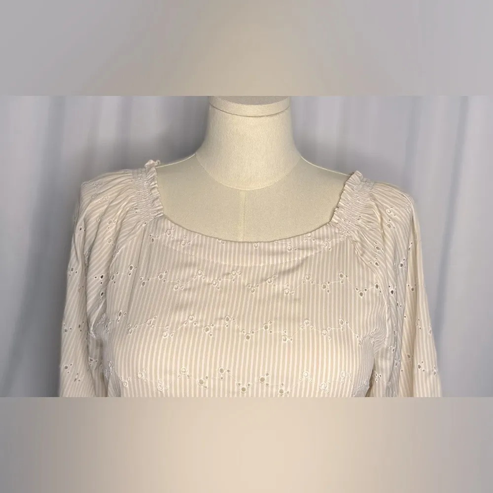 Loft Smocked Shoulder Pale Yellow Eyelet Women's Blouse (641) - Image 6