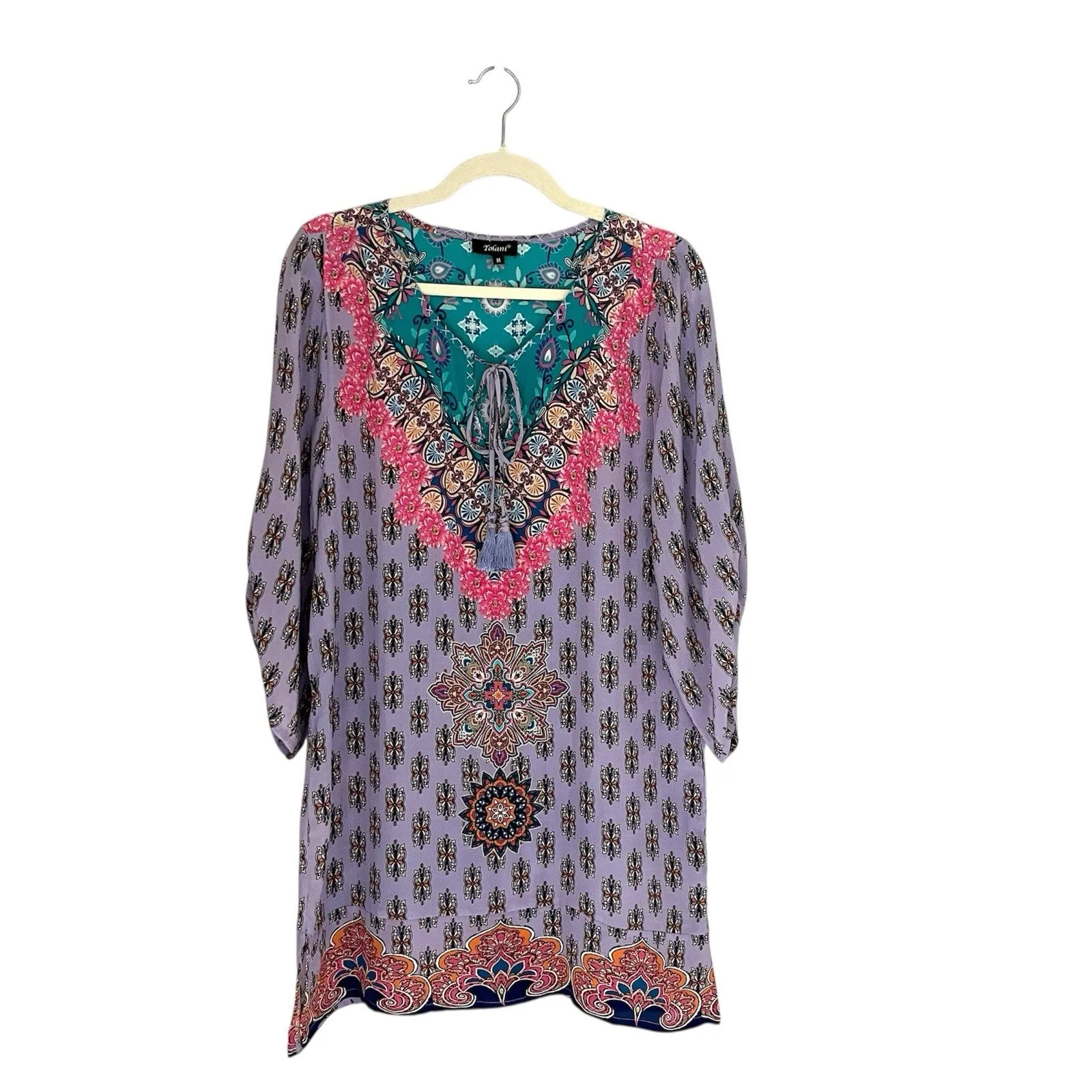 Tolani Silk Tunic Top Swim Cover Up Cruise Boho Hippie Artsy Festival Sz Medium - Image 2