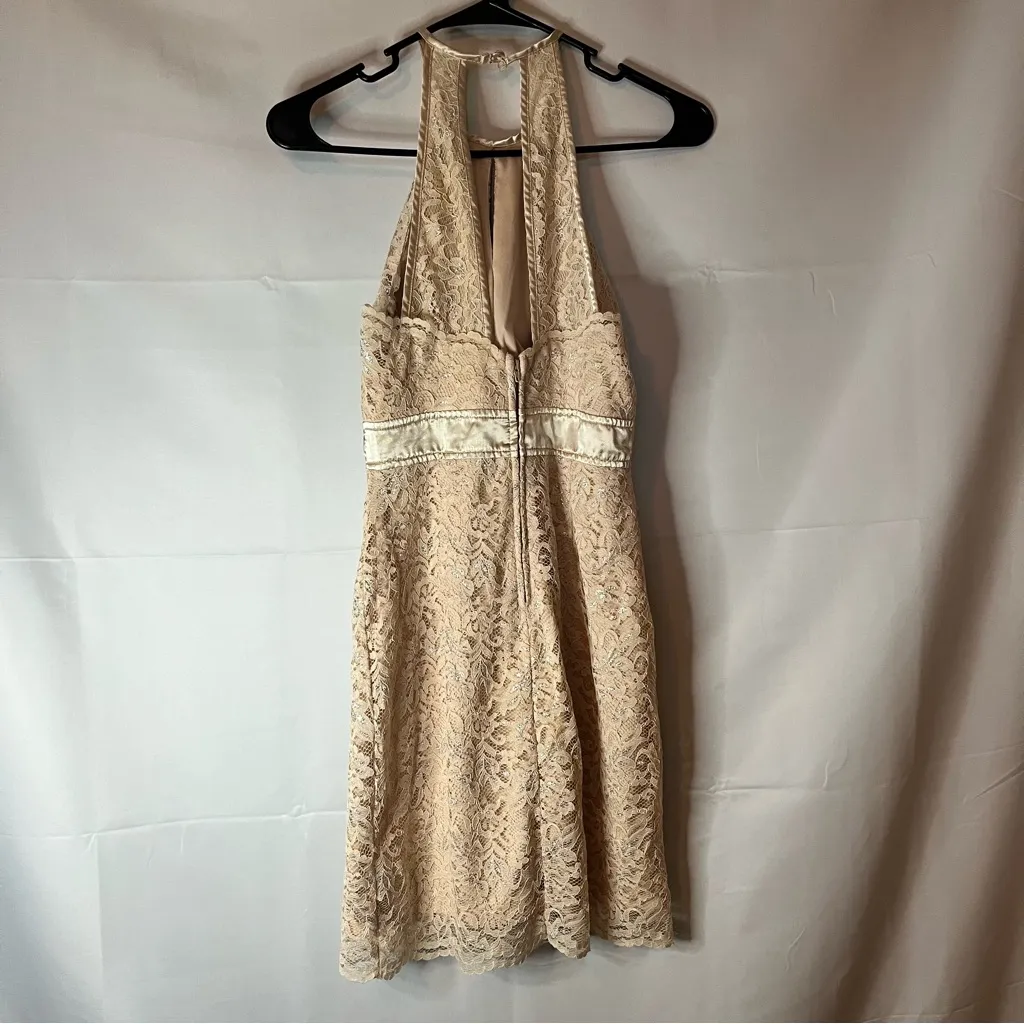 Teeze Me Lace Halter Mini Dress in Beige - Image 2