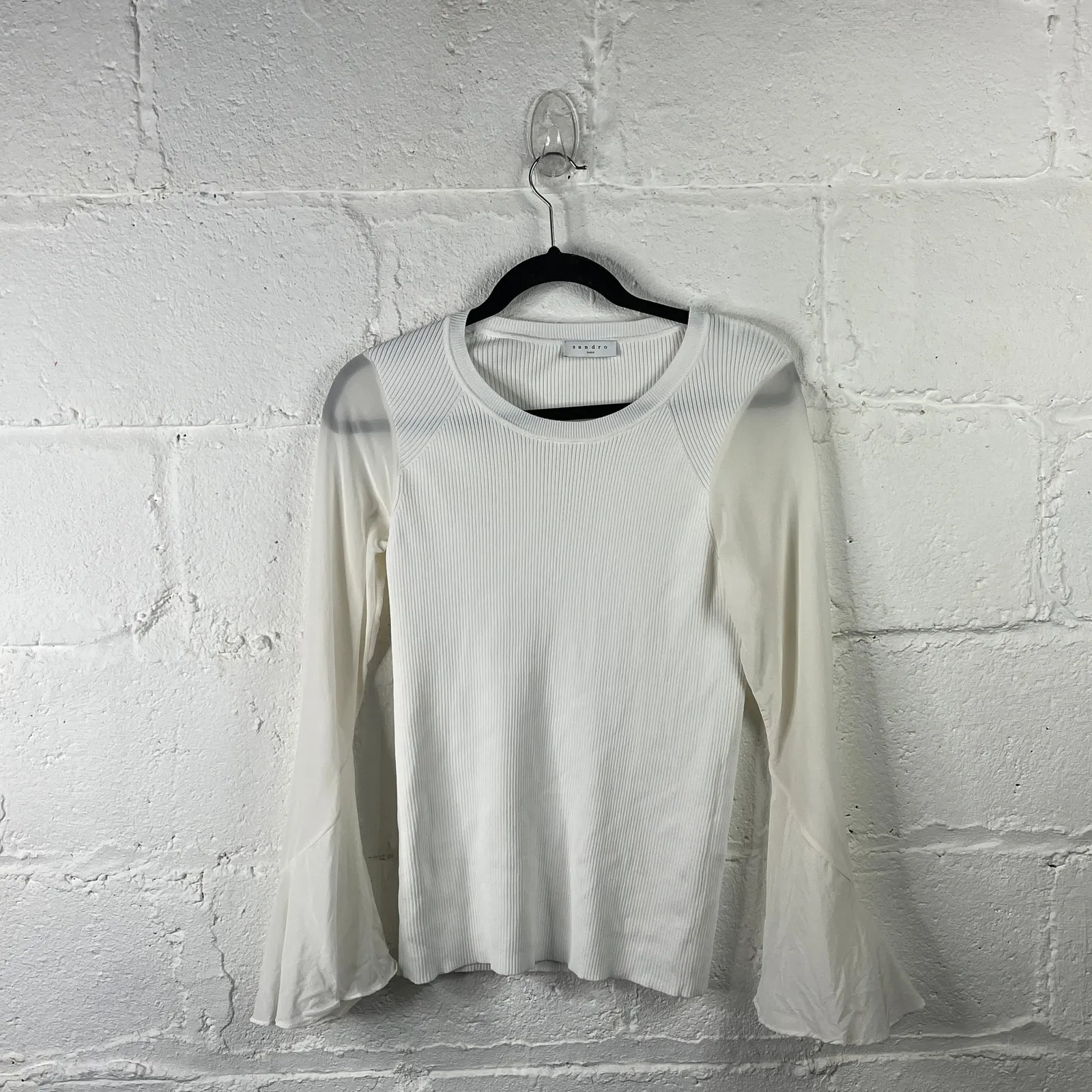 Sandro  Women's White Ruddy Long Silk Bell Sleeve Ribbed Top Size Medium - Image 2