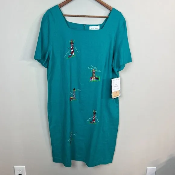 Country Concepts Dress‎ Large Teal Green Linen Cotton Midi Shift Lighthouse New - Image 12