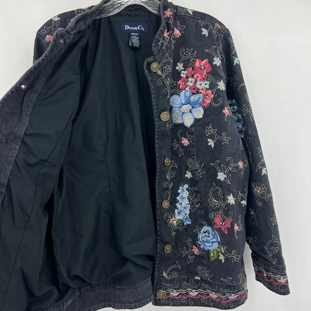 Denim & Co (M) VINTAGE 90s Womens Black Floral Embroidered Button Up Jean Jacket Size M - Image 6