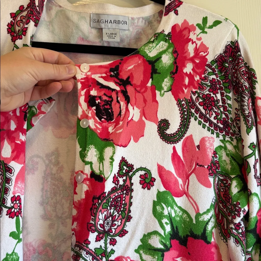 Sag Harbor | Pink White & Green Floral Button Up Cardigan 3/4 Length Sleeves XL - Image 3