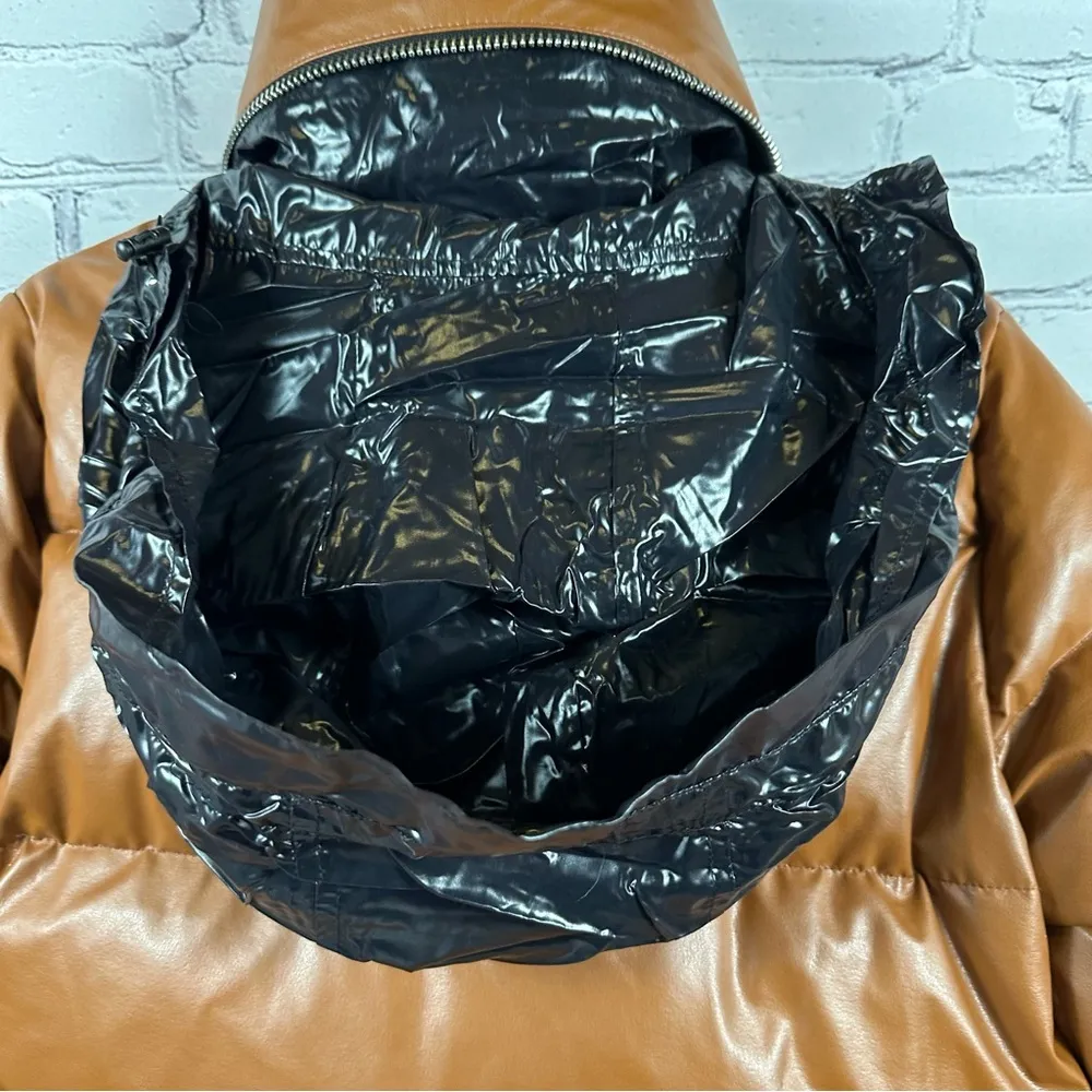 SAM. Isabel Vegan Down Puffer Jacket Faux Leather Stowaway Hood Saddle Brown S - Image 13