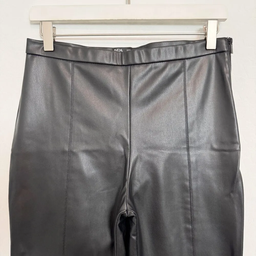 Zara Faux‎ Leather Pants Split Hem Contemporary Office Holiday Black Size Large - Image 3