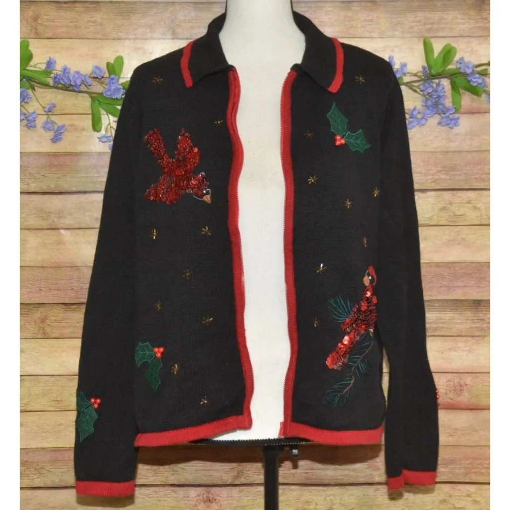 Jason Maxwell M Black Full Zip Christmas Cardigan Sweater Sequin Cardinal Birds - Image 6