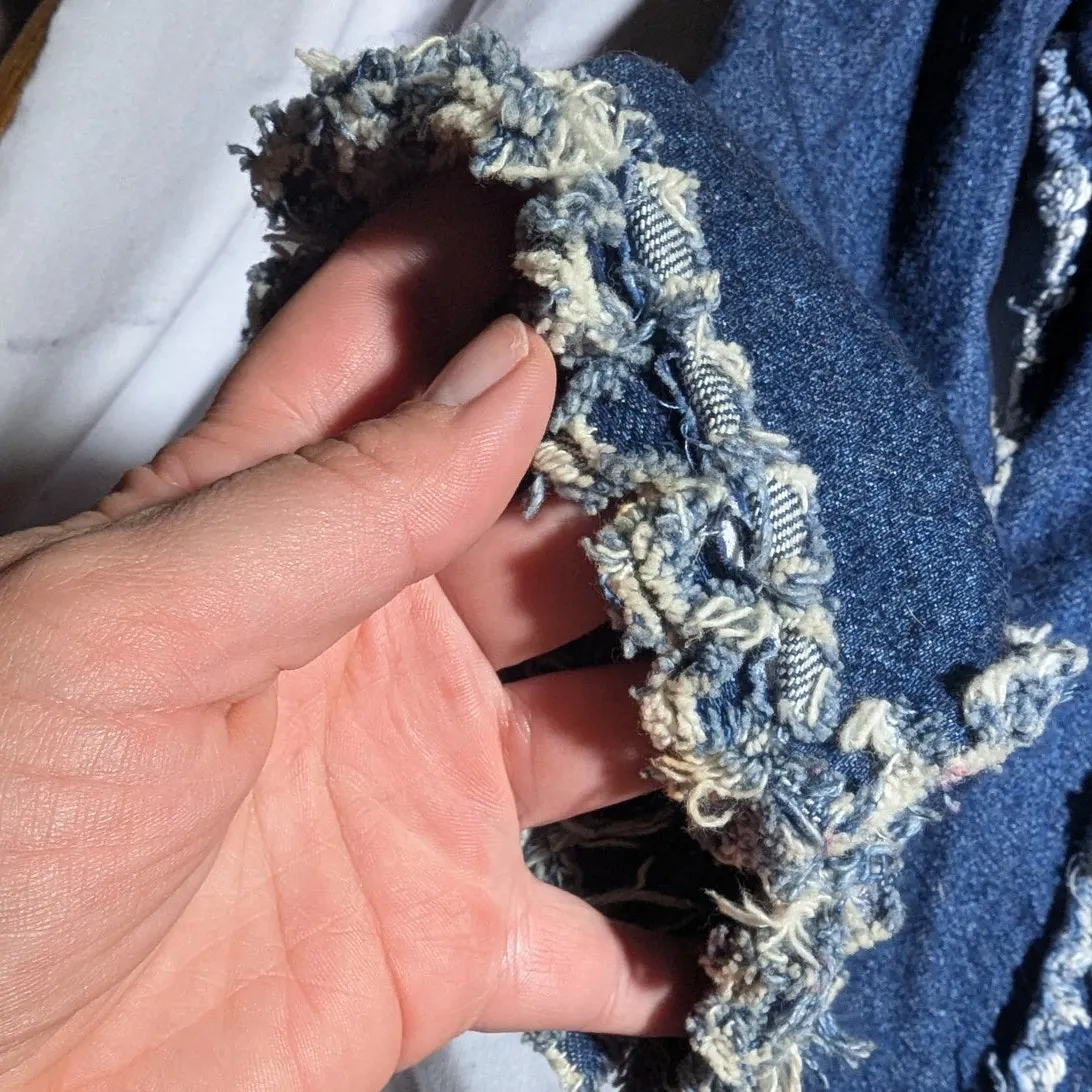 Vtg Y2K Dark Wash Open Front Frayed Edge Heart Pocket Long Denim Jacket Sz L Blue Size L - Image 4