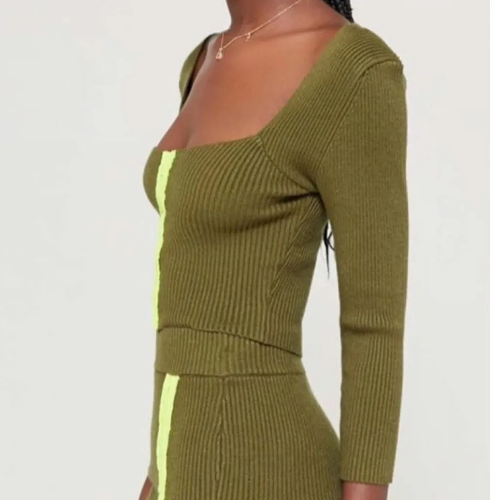 For Love & Lemons Paige Hook & Eye Ribbed Knit Long Sleeve Top Olive Size XS - Image 2