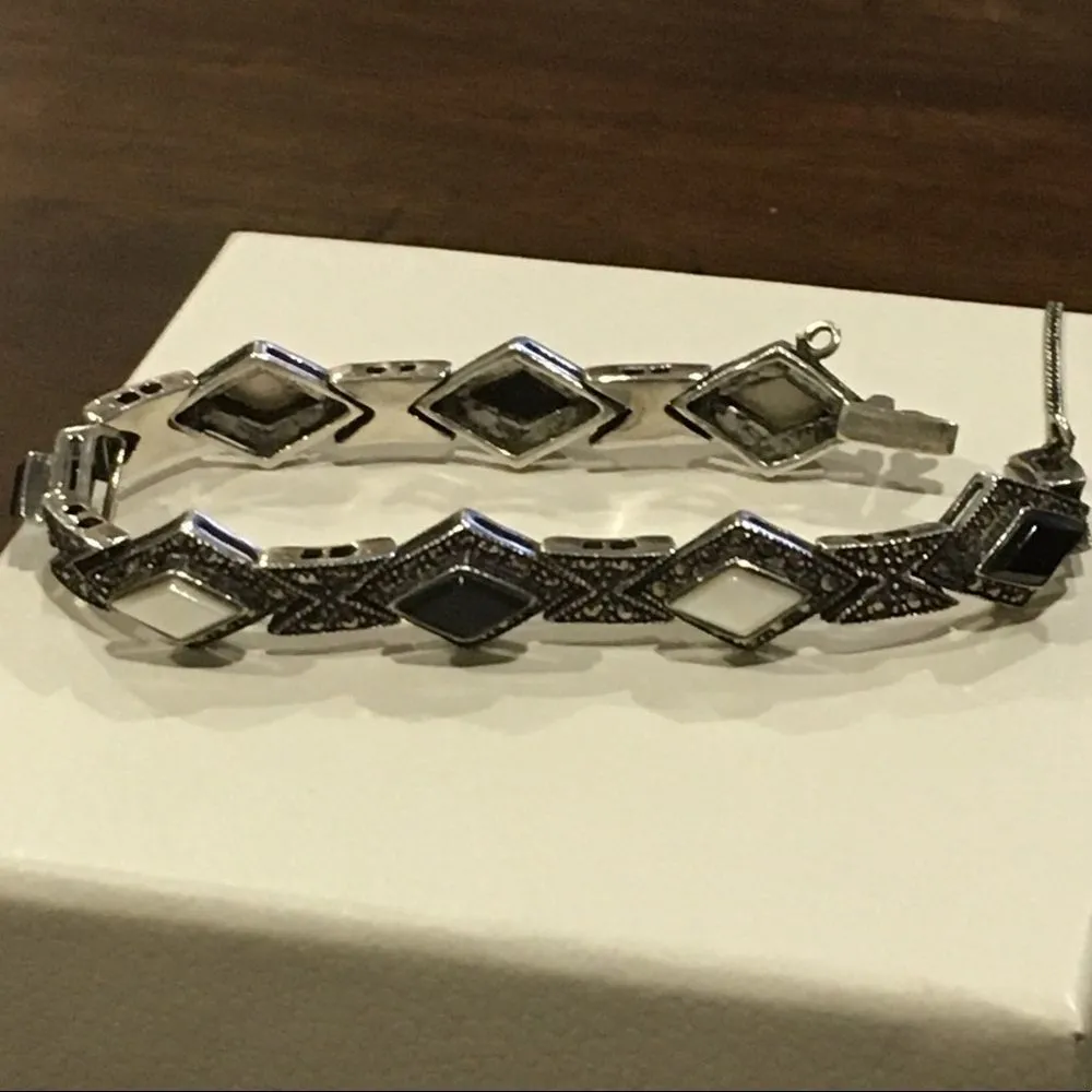 Art Deco Black Onyx Mother of Pearl Sterling Silver Marcasite Bracelet - Image 8