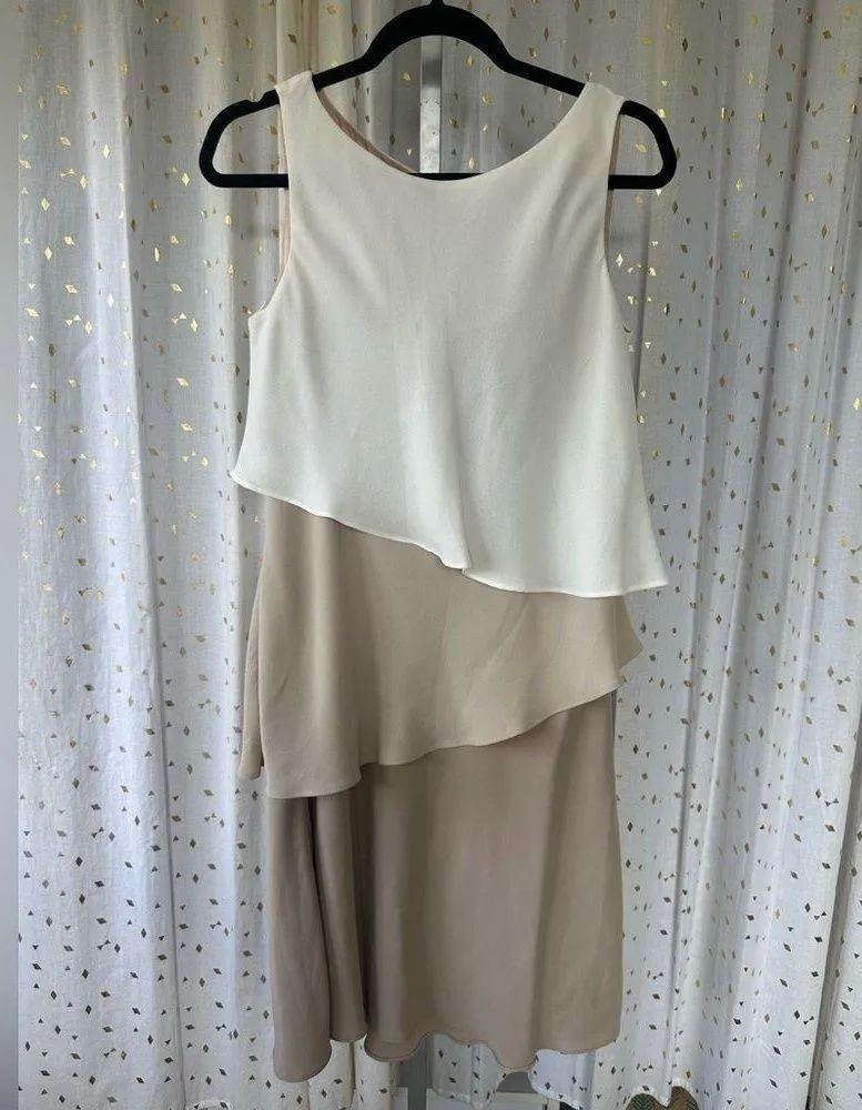 S.L. Fashion Asymmetric Flounce Tiered Ruffle Neutral Color Block Sheath Dress 8 - Image 2