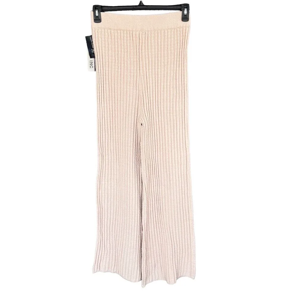 INC Jeannie Mai Medium Flared Sweater Pants Ribbed Stretch Oatmeal Beige New Tan - Image 3