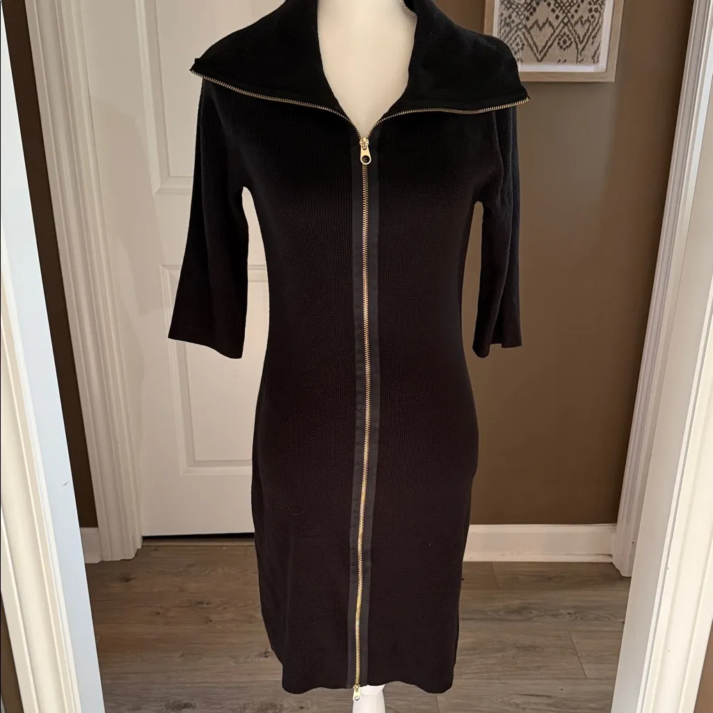ELLEN TRACY Classic Black Ribbed-Knit Zipper Front Sweater Dress Soze Small - Image 6