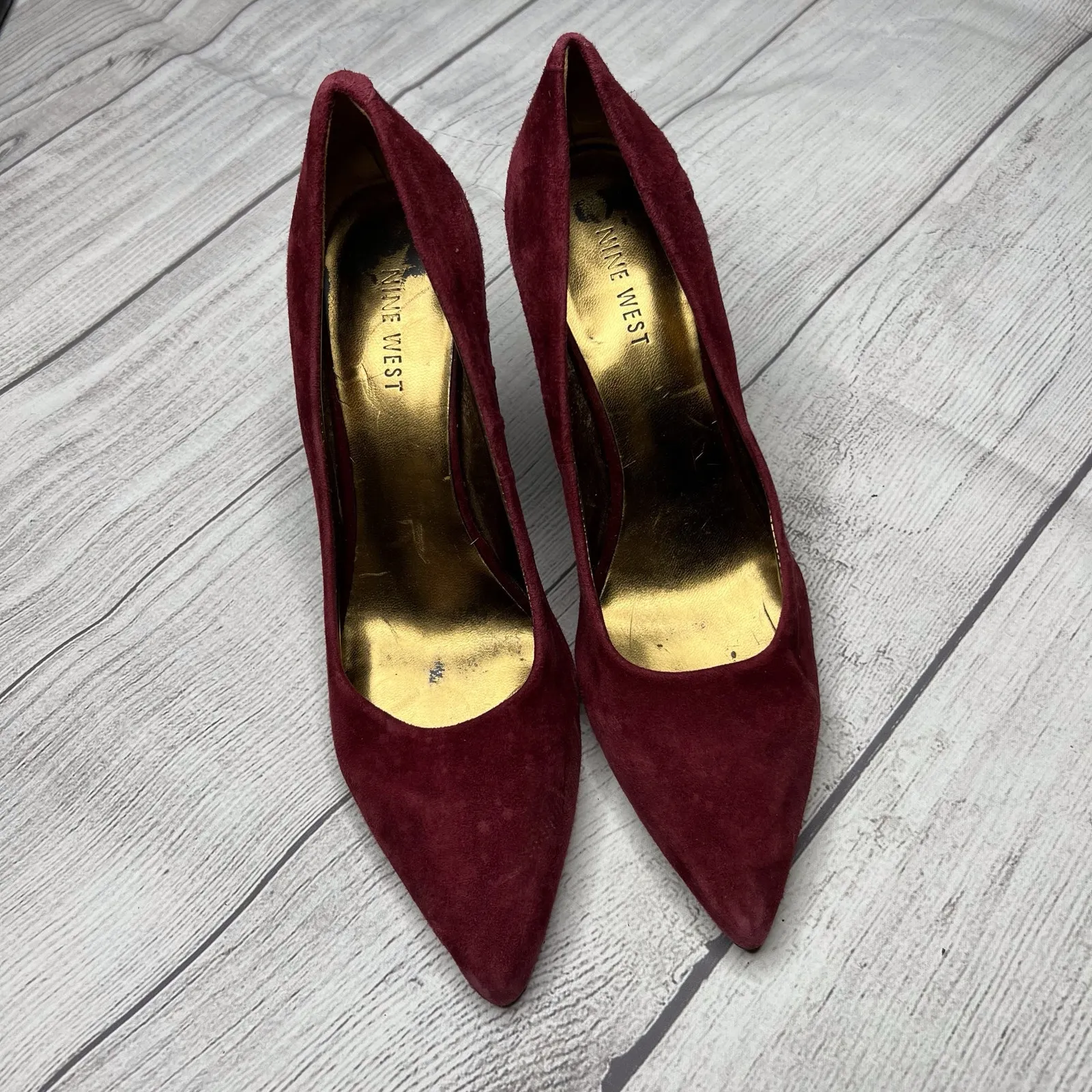 Nine West Genuine Leather Suede Maroon Velvet Red Pumps Heels Pointed Toe Sz 7M - Image 3