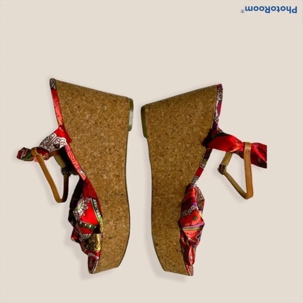 Y2K Nine West paisley scarf platform chunky cork espadrille wedge‎ sandal 9 boho - Image 2