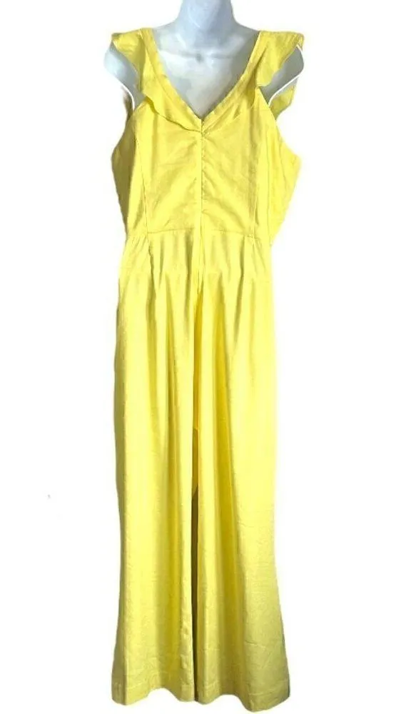 EUC Gianni Bini Square Neck Ruffled Linen Blend Crop Jumper in Yellow - Size 10 - Image 4