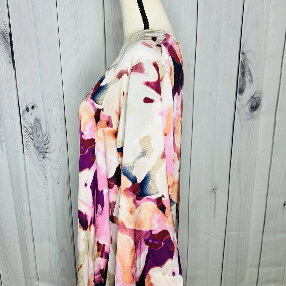 N Natori Caftan Pink Purple Abstract Floral Mix Sz L Full Zip 3/4 Sleeve Pockets - Image 6